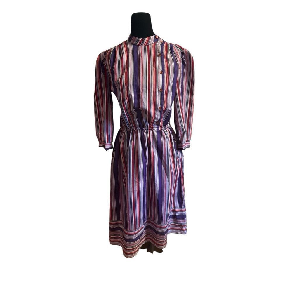 Vintage Mrs Sugar Striped Midi Dress Multicolor Stiped Button Front Large